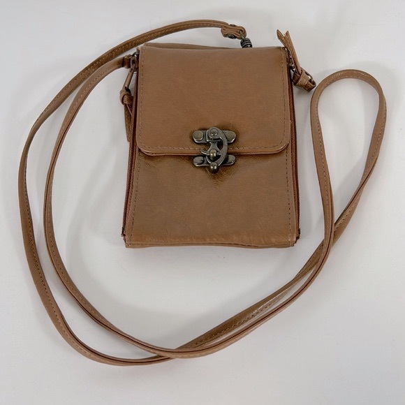 Via Moda Small Crossbody Clutch Festival Pouch Zipper Pockets Brass Spin Closure - Picture 1 of 12